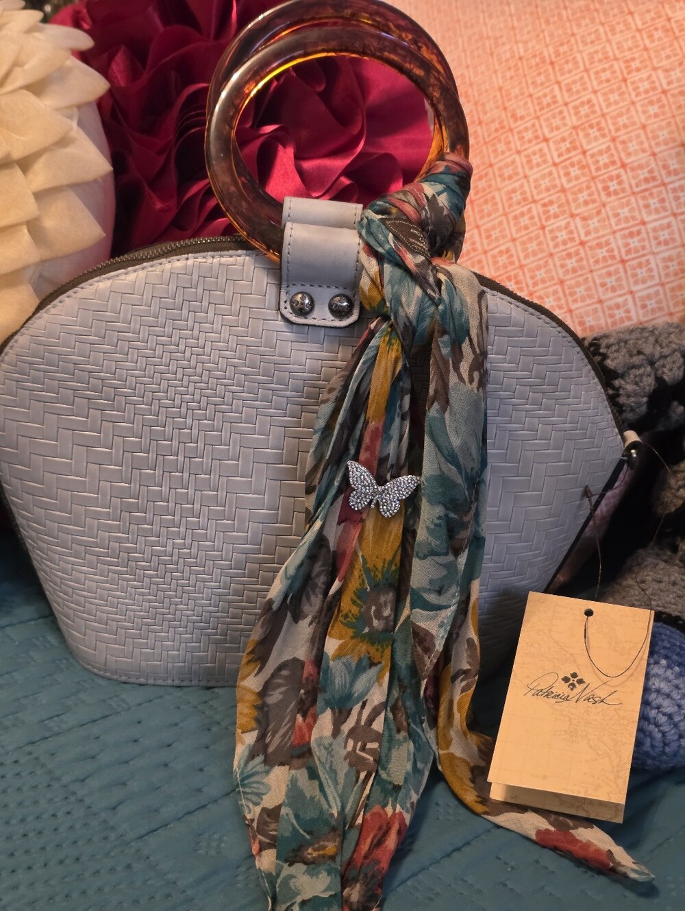 Patrica Nash Grey Woven Circle-Handle Handbag/Crossbody with PN Floral Scarf